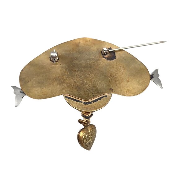 Vintage Mixed Metals Dolphin Brooch Tigers Eye Stone Dangling Heart Charm - Picture 3 of 4